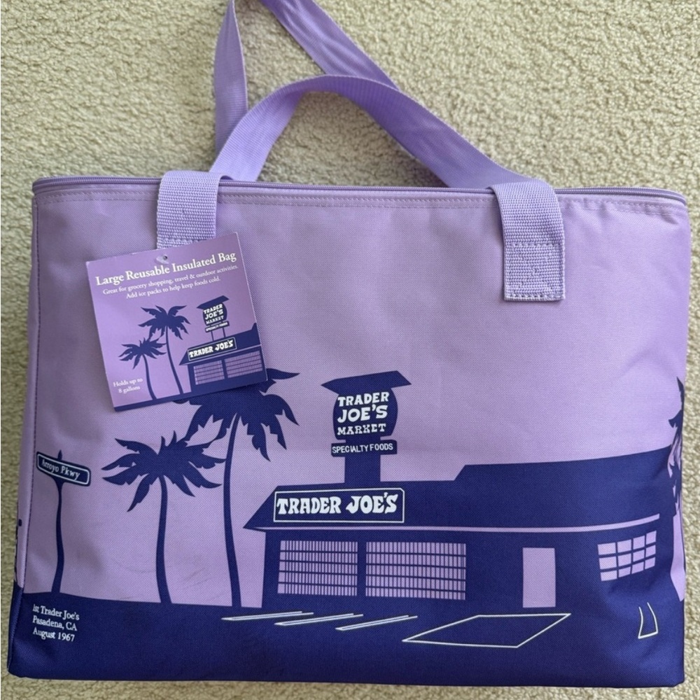 Trader Joe's Large Purple Reusable Insulated Tote with traders stickers🍉